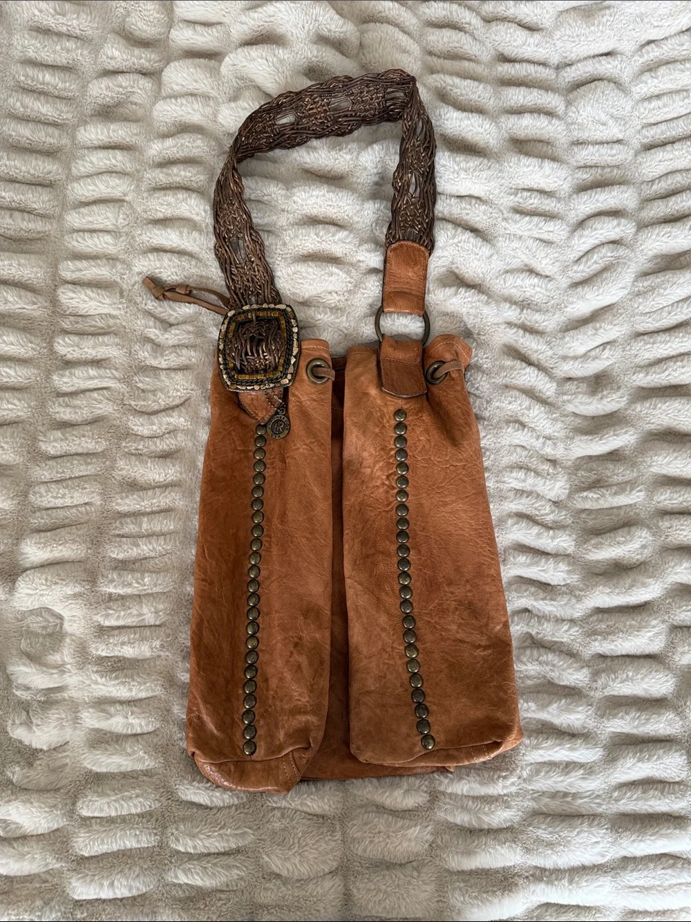 Leather Rock Cognac Drawstring Hobo Bag with Woven Strap